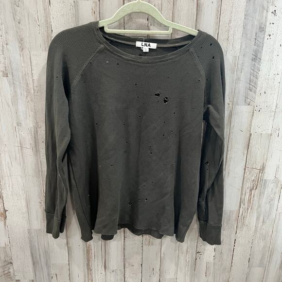 LNA Green Thermal Waffle Knit Distressed Holey Long Sleeve Shirt Womens XS - Picture 1 of 8